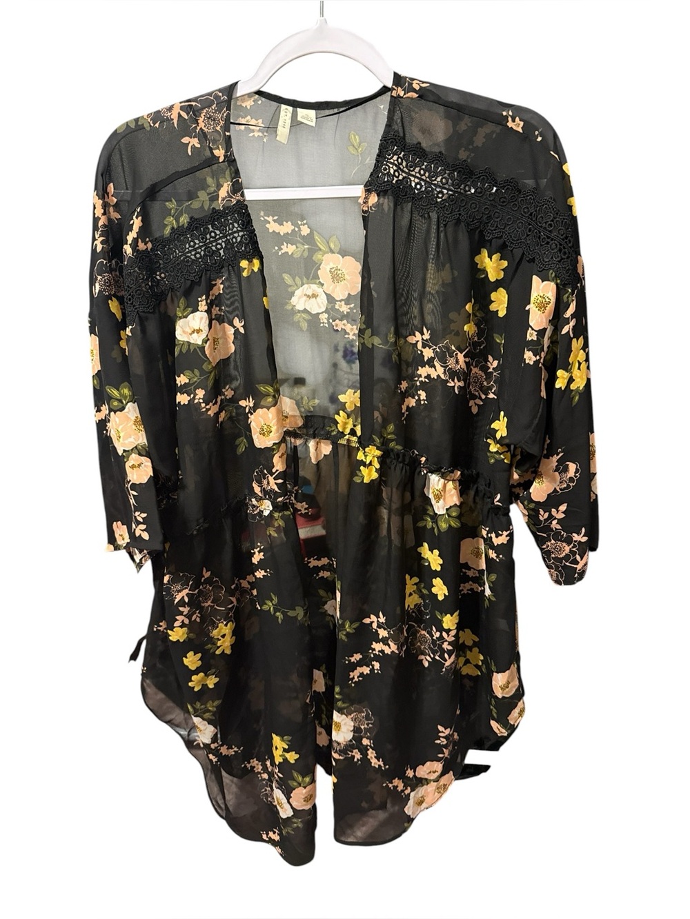 C. Est. 1946 Black Floral Sheer Lace Open Front Kimono Cardigan Sz S